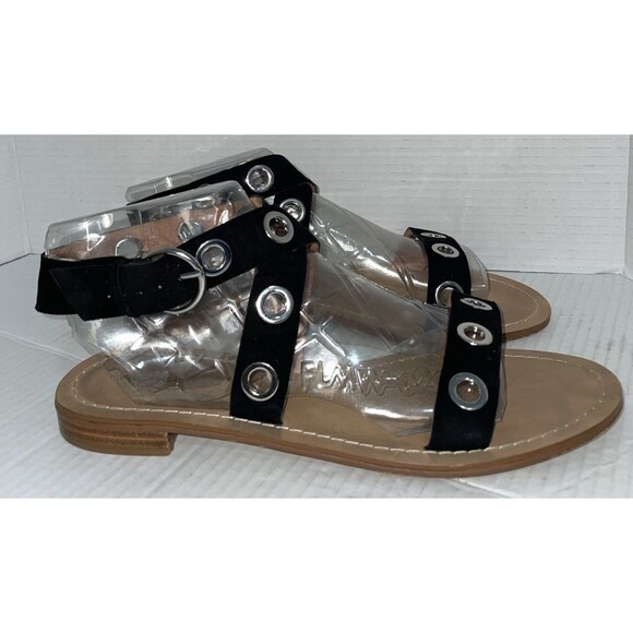 Halogen Sandals Size 12 Black Leather Ankle Strap Grommet Gladiator Flat Casual - Picture 1 of 15